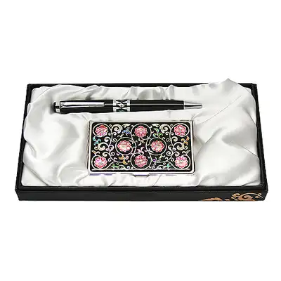 Mother-of-Pearl Ballpoint Pen and Business Card Case Set - Scrolling Flower Pattern