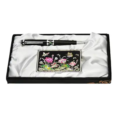 Mother-of-Pearl Ballpoint Pen and Business Card Set - Lotus Flower Black