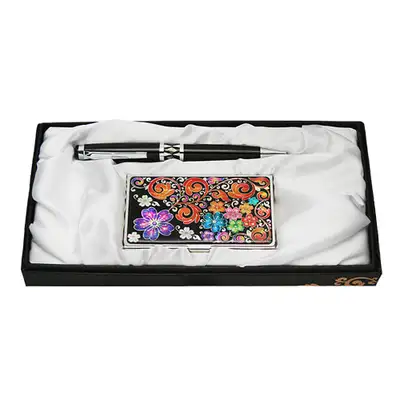 Mother-of-Pearl Ballpoint Pen and Namecard Set 2-Piece - Scrolling Plum Blossom Black