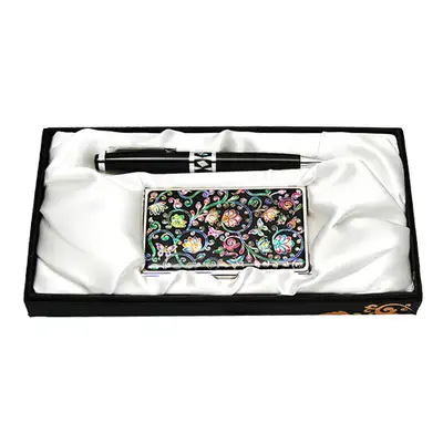 Mother-of-Pearl Ballpoint Pen and Business Card Case Set 2-piece - Vine Flower
