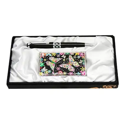Mother-of-Pearl Ballpoint Pen & Business Card 2-Piece Set Flower Butterfly 1 Black