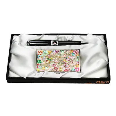 Mother-of-Pearl Ballpoint Pen & Business Card Holder Set Flower Butterfly 1 White