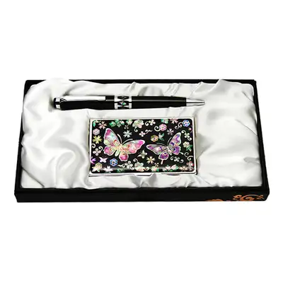 Mother-of-Pearl Ballpoint Pen & Business Card Set 2-Piece Flower Butterfly 2