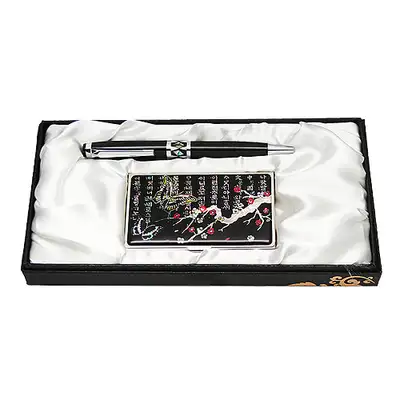 Mother-of-Pearl Ballpoint Pen and Business Card Holder 2-Piece Set Plum Butterfly 1 Black