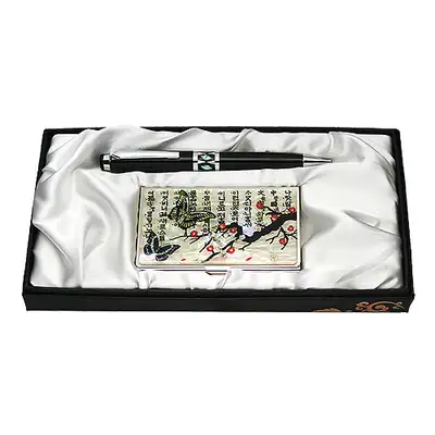 Mother-of-Pearl Ballpoint Pen & Business Card Set - Plum Blossom Butterfly 1 White