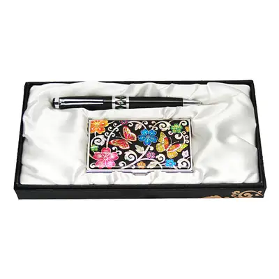 Mother-of-Pearl Ballpoint Pen and Business Card Set 2-Piece - Plum Butterfly 2 Black
