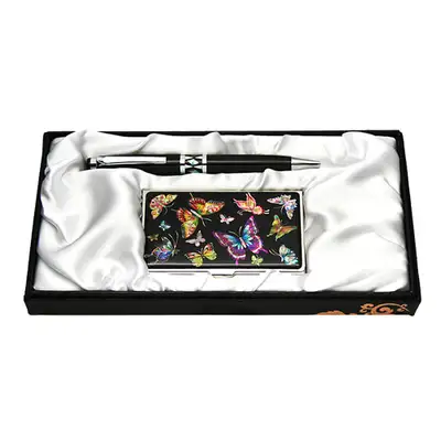Mother-of-Pearl Ballpoint Pen and Business Card Set 2-Piece - Color Butterfly Black