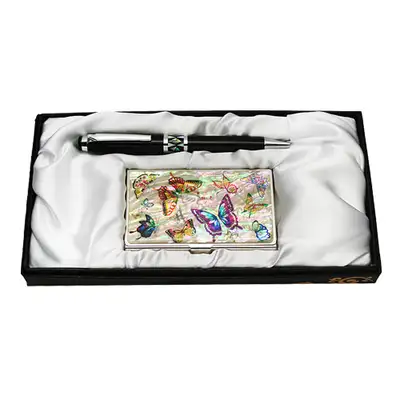 Mother-of-Pearl Ballpoint Pen and Business Card 2-Piece Set - Colored Butterfly White