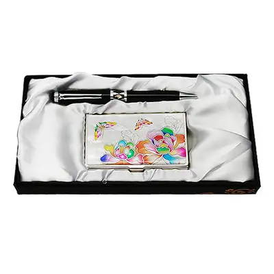 Inlaid Mother-of-Pearl Ballpoint Pen & Business Card Case 2-Piece Set - White Peony