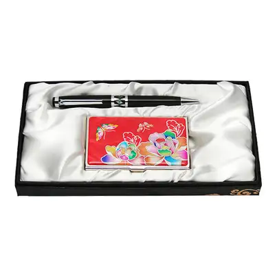 Mother-of-Pearl Ballpoint Pen and Business Card 2-Piece Set - Peony Red