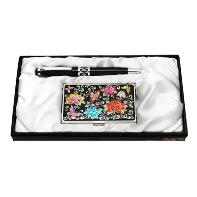 Abalone Shell Ballpoint Pen and Business Card Set - Peony Butterfly Black