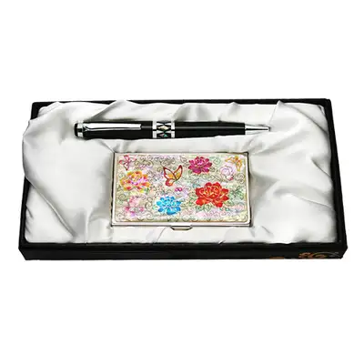 Mother-of-Pearl Ballpoint Pen and Business Card Case 2-Piece Set - Peony Butterfly White