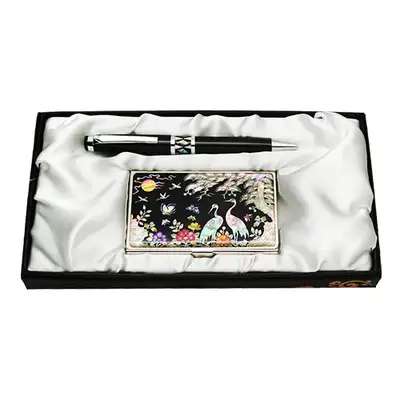 Mother-of-Pearl Ballpoint Pen and Business Card Set - Peony and Crane