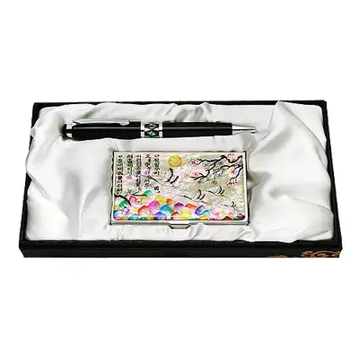 Mother-of-Pearl Ballpoint Pen and Business Card Holder Set - Plum and Crane (White)