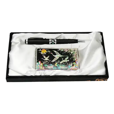 Mother-of-Pearl Ballpoint Pen & Business Card Set 2-Piece - Wave and Crane