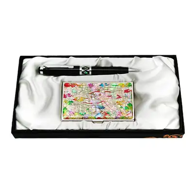 Mother-of-Pearl Ballpoint Pen & Business Card 2-Piece Set - Crane Insignia (White)