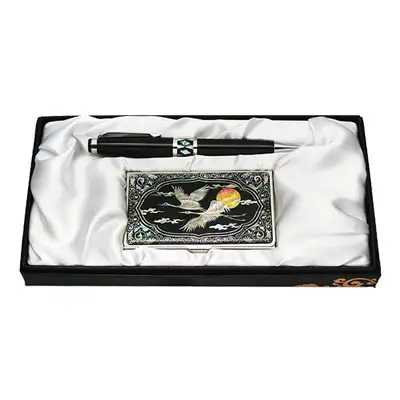 Mother-of-Pearl Ballpoint Pen and Business Card 2-Piece Set - Cloud and Crane