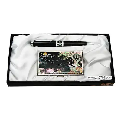 Nacre Ballpoint Pen & Business Card Case Set - Mandarin Ducks and Cranes
