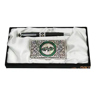 Mother-of-Pearl Ballpoint Pen and Business Card Set - Pair of Cranes