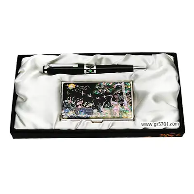 Mother-of-Pearl Ballpoint Pen and Business Card Set - Turtle and Crane