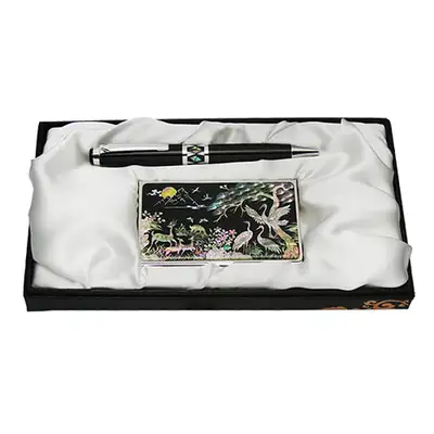 Mother-of-Pearl Ballpoint Pen and Business Card Set - Deer and Crane