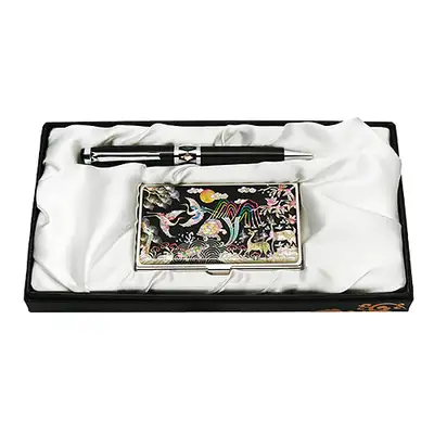 Mother-of-Pearl Ballpoint Pen & Business Card Set - Pine and Crane (Ten Symbols of Longevity)