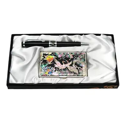 Mother-of-Pearl Ballpoint Pen & Business Card 2-Piece Set - Palace Crane Design 1