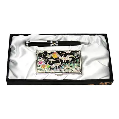 Mother-of-Pearl Ballpoint Pen and Business Card Holder 2-Piece Set - Gilt Palace Cranes 3