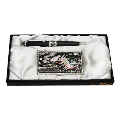 Mother-of-Pearl Ball Pen & Business Card Case 2-Piece Set - Dragon Design