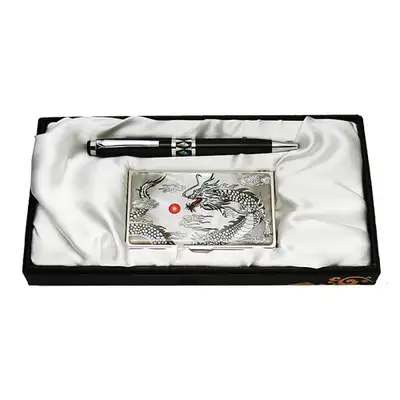 Mother-of-Pearl Ballpoint Pen & Business Card Set - Black Dragon
