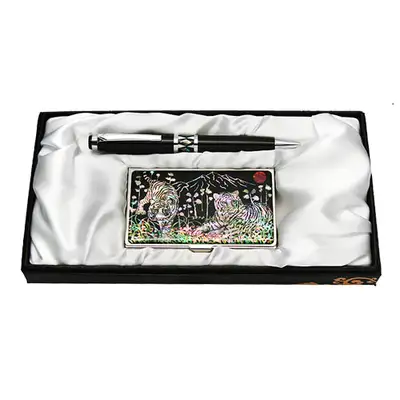 Shell Inlay Ballpoint Pen and Business Card 2-Piece Set White Tiger Design