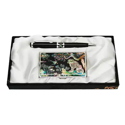 Mother-of-Pearl Ballpoint Pen and Business Card Set - Magpie and Tiger