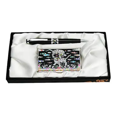 Mother-of-Pearl Ballpoint Pen and Business Card Set - Twin Phoenix Auspicious Pattern