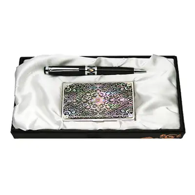 Mother-of-Pearl Ballpoint Pen and Business Card 2-Piece Set with Scrollwork Design