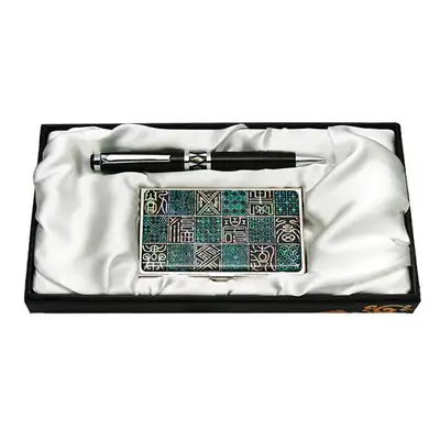 Mother-of-Pearl Ballpoint Pen & Business Card Set 2-Piece Lattice Calligraphy Design