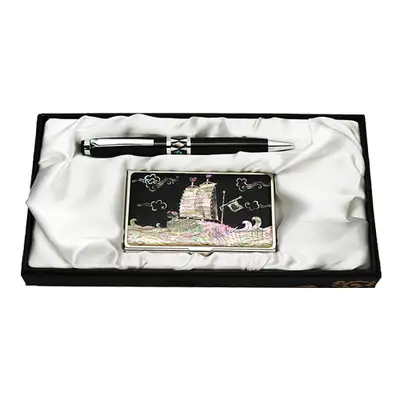 Mother-of-Pearl Ballpoint Pen and Business Card Holder Set - Turtle Ship