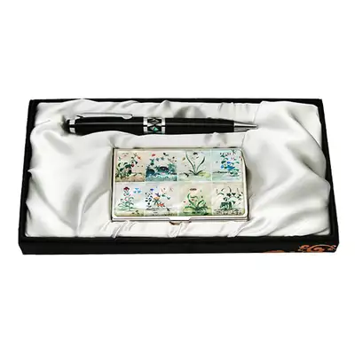 Mother-of-Pearl Ballpoint Pen and Business Card 2-Piece Set - Insects and Plants Design