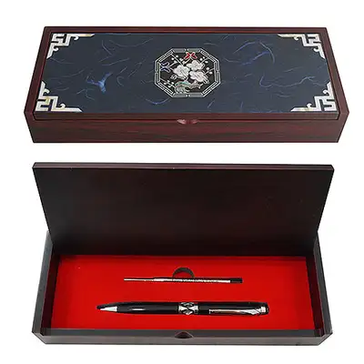 Pilham Mother-of-Pearl Ballpoint Pen Set - Octagonal Plum Blossom Blue