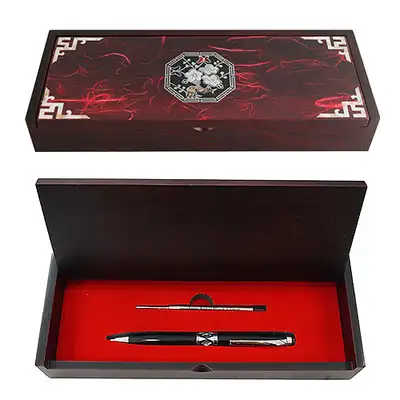 Mother-of-Pearl Ballpoint Pen Set - Octagonal Plum Blossom Red
