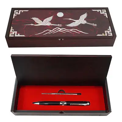 Pil-Ham Mother-of-Pearl Ballpoint Pen Set - Crane Red