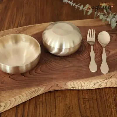Myungsung Yugi Infant Brass Bowl and Dish Set with Spoon and Fork