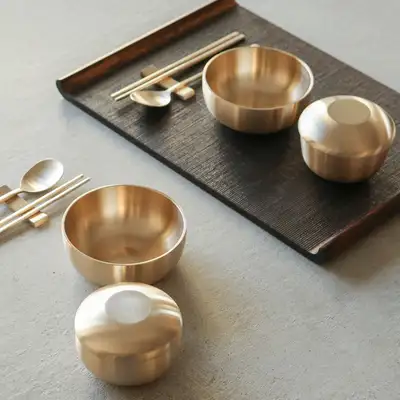 Bangjja Yugi Traditional Brass Couple's Single Tray Table Set with Utensils