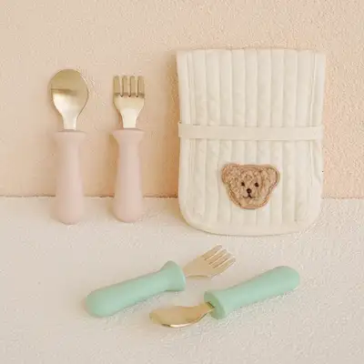 Bangjja Yuki Mini Round Spoon Fork 2P Set + Utensil Case (Pink/Mint)