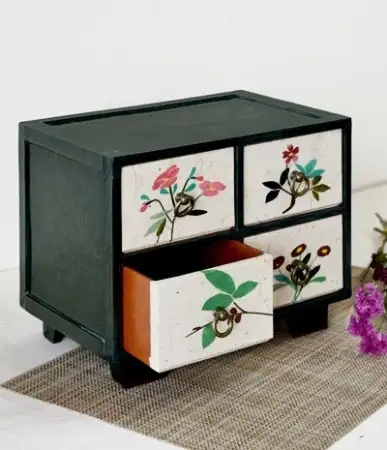 Hanji Flower Embroidery Mini Drawer Organizer (Green, 4 Drawers)