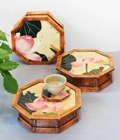Korean Traditional Minhwa Lotus Octagonal Mini Table Tray