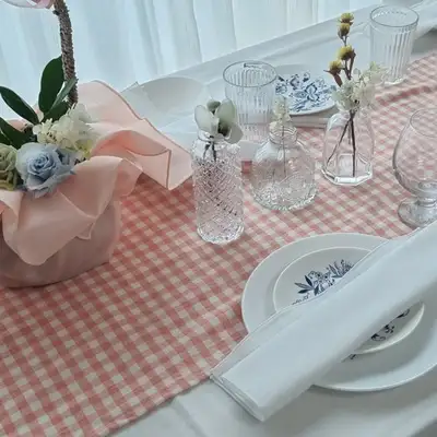 Coral Pink Gingham Check Table Runner - Dining Table Runner for 2, 4, or 6 People
