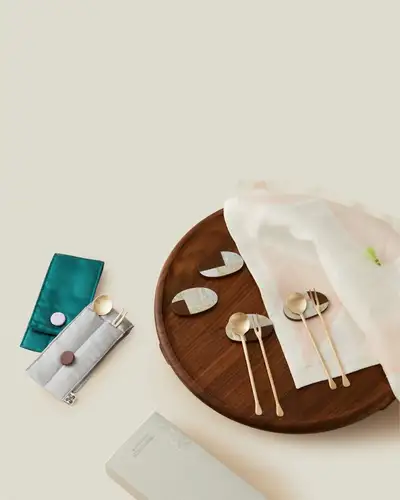 Jogakbo Tag - Jogakbo Afternoon Tea Set (Mother-of-Pearl Spoon Rest / Walnut Tea Table-Large / Brass Teaspoon & Fork with Two-Tone Quilted Utensil Pouch - Set for 2)