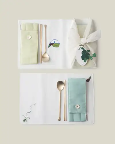Cho충도 Linen Placemat + Linen Utensil Pouch Set for 2