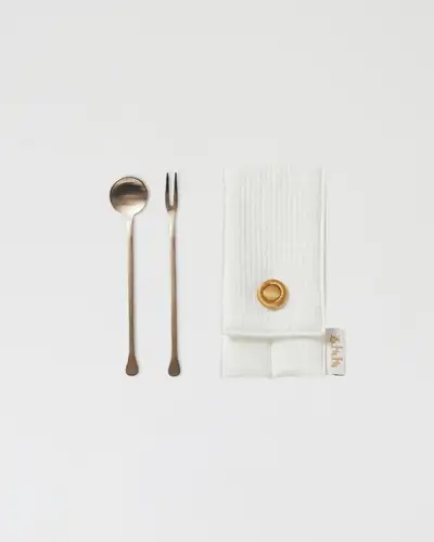 Ornamental Brass Tea Spoon and Fork Set with Quilted Utensil Pouch