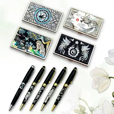 Mother-of-Pearl Lacquerware Business Card Case and Ballpoint Pen Set - Traditional Korean Commemorative Gift